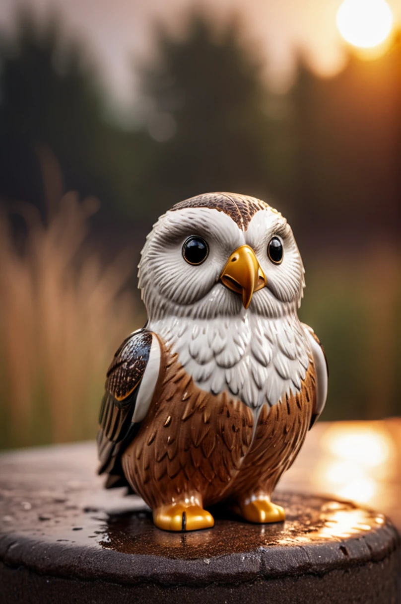 eagle as Ceramic figurine, shot at sunset, happy and and curious appearance, very cute, heavy rain, very happy, lonely, lost place, desaturated, dramatic lighting, disgusting background, bokeh, dark theme, soothing tones, depth of field, dramatic backlighting, film grain  <lora:CeramicXL_LoRA:1>