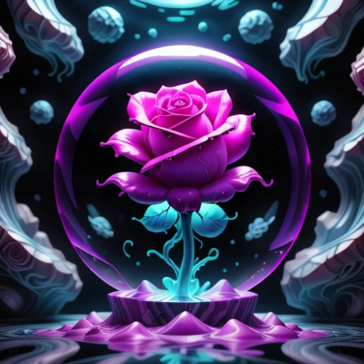 Liquid Marble, A ghost Rose trapped inside of a crystal floating in space, Wafting Nebula, vibrant neon colors and lights, blacklight style, photo, geekyghost, details, cinematic framing, novel composition, shimmering accents, clean lines, symmetry, 3D depth effect,