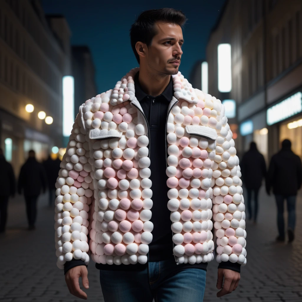 a man, wearing a Jacket made out of Jed-mrshmlw walking in a city by night , <lora:MarshmallowStyle-000007:0.5>