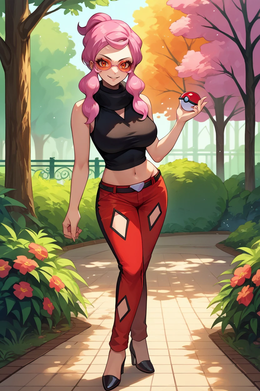 score_9, score_8_up, score_7_up, score_6_up, source_anime, 1girl, solo,  <lora:pkmnmalva-pdxl-nvwls-v1-000008:1> malva, pink hair, short ponytail, tinted eyewear, black crop top, turtleneck, sleeveless, midriff, belt, red pants, large breasts, park, trees, high heels, looking at you, smug, holding poke ball \(basic\), standing