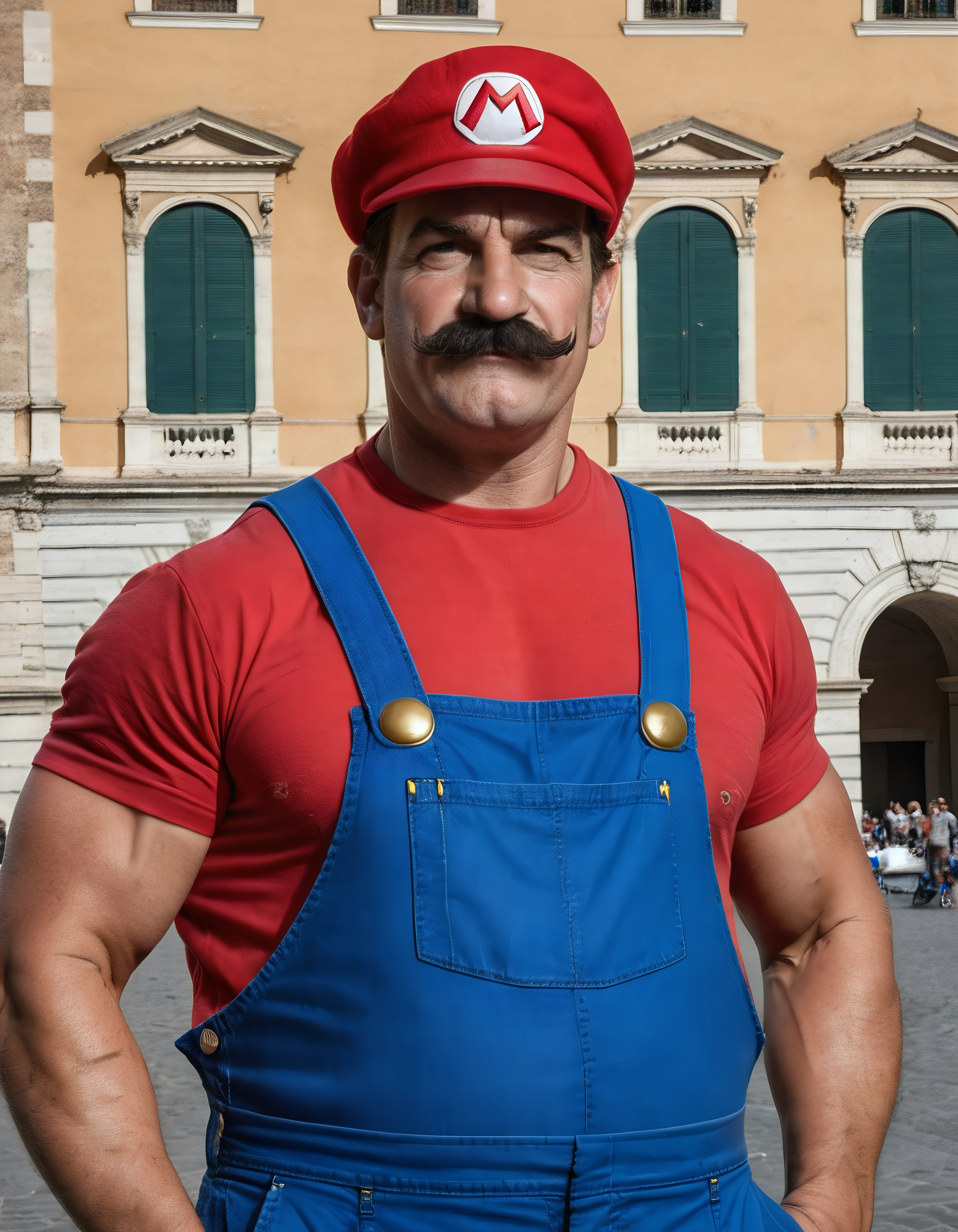 Mario in Italy, red shirt, blue overalls, red cap, manly, muscular, posing, mustache, Italy, Rome, photograph, upper body, solo, fat man