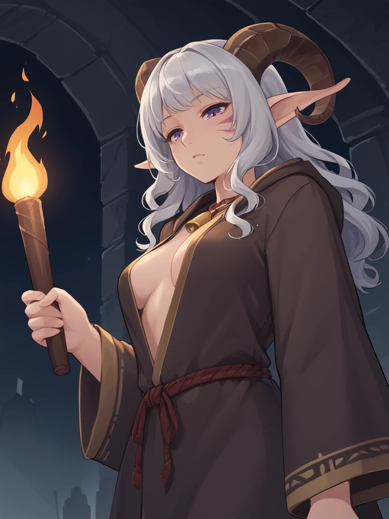 <lora:whisker_markings:0.9>red whisker_markings:1.4 , from below, torch:1.2, holding torch,
source_furry, score_7_up, rating_safe, cowboy shot, gold necklace, tiefing, short pointed ears, brown horns, (a pair of brown sheep Horns that begin at her temples and curve back: 1.5), bangs, long silver hair long wavy hair, pale skin, short pointy ears, purple eyes, <lora:age_slider_v4:0.6> medium breasts, skinny female, close up, silver hair, <lora:Tieflingnew weird fantasyDND:0.3> Tiefling, pointed ears, horns, half-closed eyes<lora:Smooth Style 2 SDXL_LoRA_Pony Diffusion V6 XL:0.5> bell, robe, hood off, <lora:torch:0.7> ruins,
