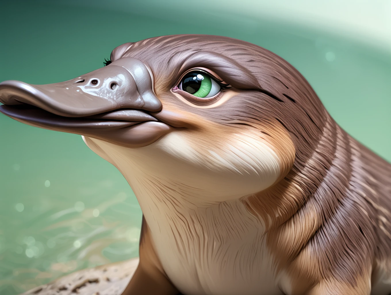 <lora:PlatyPonyXL:1>,platyponyxl,platypus,animal,animal focus,duck-billed,realistic,from above,go up the stairs,gradient hair,tattoo,looking ahead,solid circle eyes,beautiful_detailed_eyes,eye_contact,(skindentation:1.3),(refraction,contour_deepening,chromatic_aberration,bokeh,film grain,body blush,[wrinkled skin],detailed crease,light green theme,light blue crescent print background,dark purple library,blurry background,