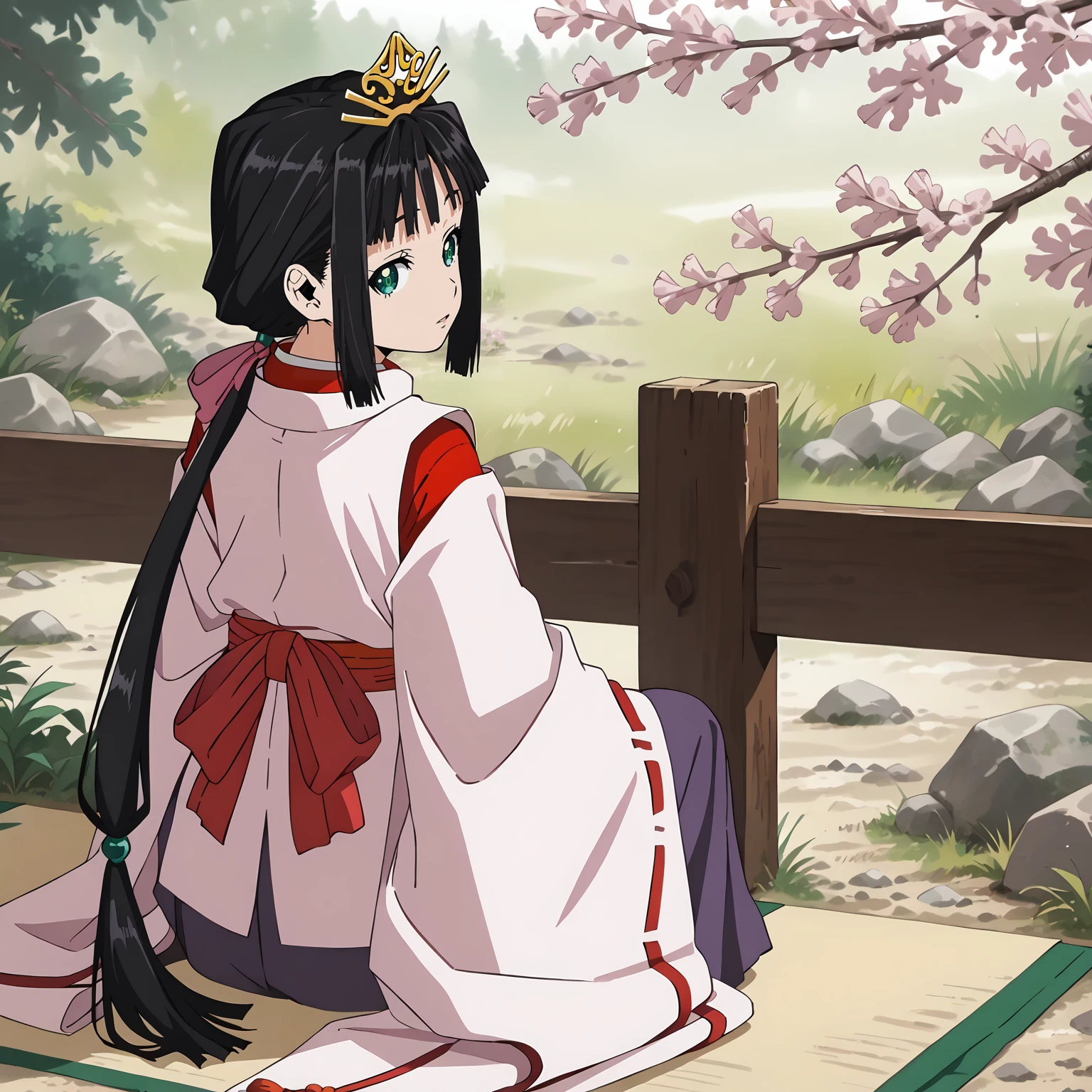 <lora:TES_ShizukuXLpony002>,
parted lips,
solo,
Shizuku,1girl,black hair,low ponytail,hair ribbon,green eyes,
very long hair,
tiara,
miko,
hakama,tabi,
outdoors,nature,cherry blossoms,
sitting,looking back,