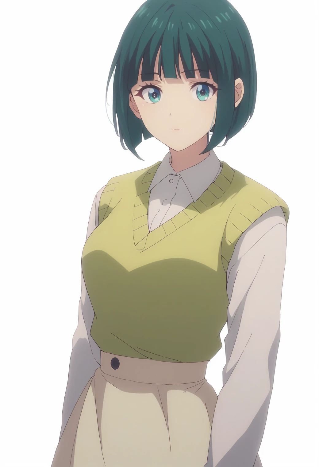 score_9,score_8_up,score_7_up,  masterpiece, best quality, white background, 1girl, solo <lora:DX888Shiragiku:1>ono shiragiku, green hair, bob cut, medium breast,  sweater vest, collared shirt, yellow skirt