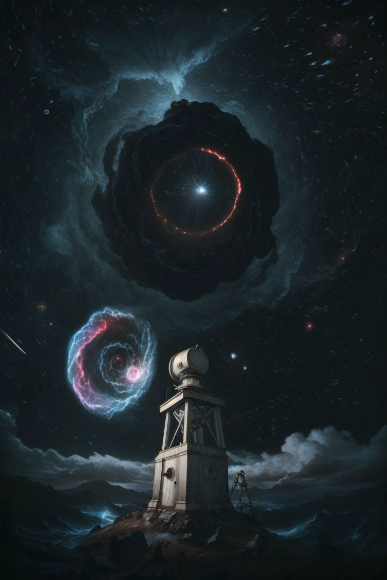 Observatory Relics: On a forgotten island, a solitary, weathered observatory stands sentinel, its powerful telescope fixed upon a swirling vortex of galaxies and nebulas. The scene evokes a sense of melancholic beauty. (style: atmospheric, detailed)