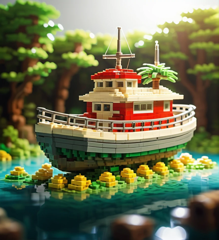 Lego pixel art,lego,boat,forest,river,water,sunlight,trees,greenery,miniature,model,toy,intricate,detailed,vibrant colors,outdoors,nature,close-up,artistic,serene,craftsmanship,tropical,nautical,adventure,creative,diorama,hobby,relaxing,scene,composition,plastic blocks,ship,<lora:å¾®ååç´ -000009:0.6>,