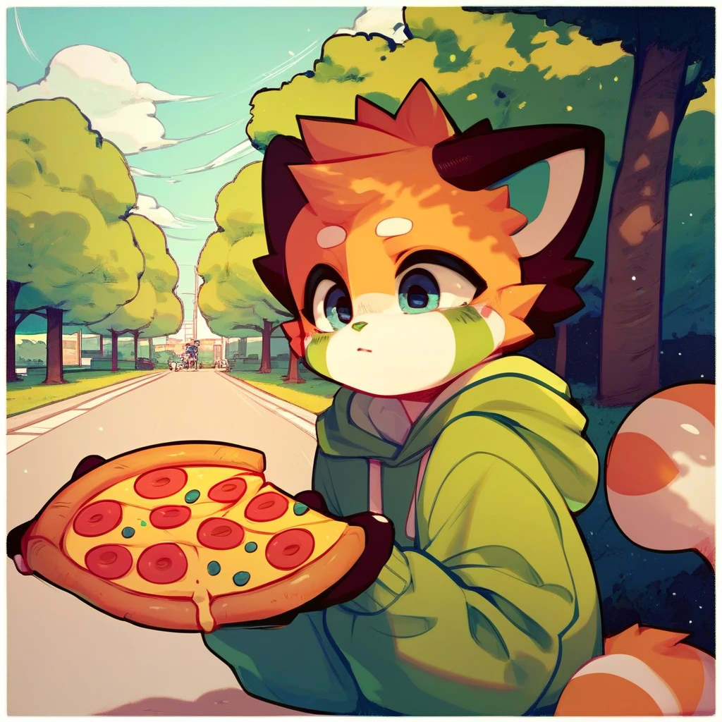 score_9, score_8_up, score_7_up, score_6_up, mikus-pocky, 1girl, green hoodie, blue eyes, park, pizza,