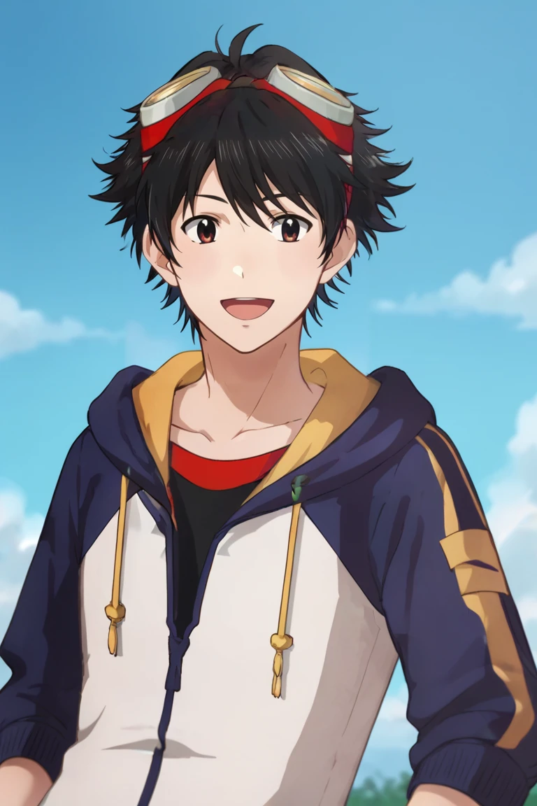 score_9, score_8_up, score_7_up, score_6_up, detailed, intricate details,best quality ,source_anime,
takuma momozuka, black hair, brown eyes, blue hoodie, black shirt, 1boy, male focus, open mouth, goggles, jacket, goggles on head, bangs, short hair, smile, :d, clenched<lora:EMS-421709-EMS:1.000000>