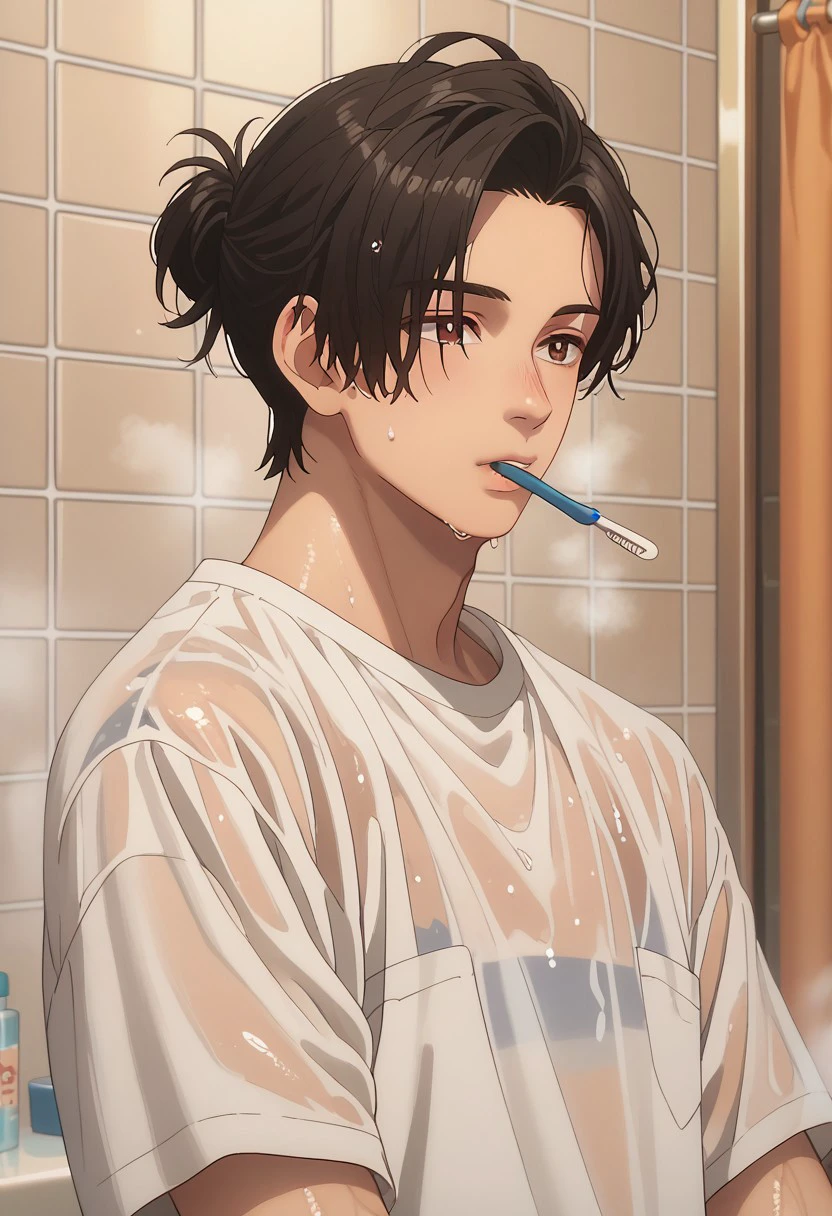 score_9, score_8_up, score_7_up, source_anime, rating_safe, steam, Kyofection, 1boy, male focus, anime screencap, single hair bun, wet hair, wet white shirt, bathroom-steam, toothbrush in mouth, get drunk or date with Rin...