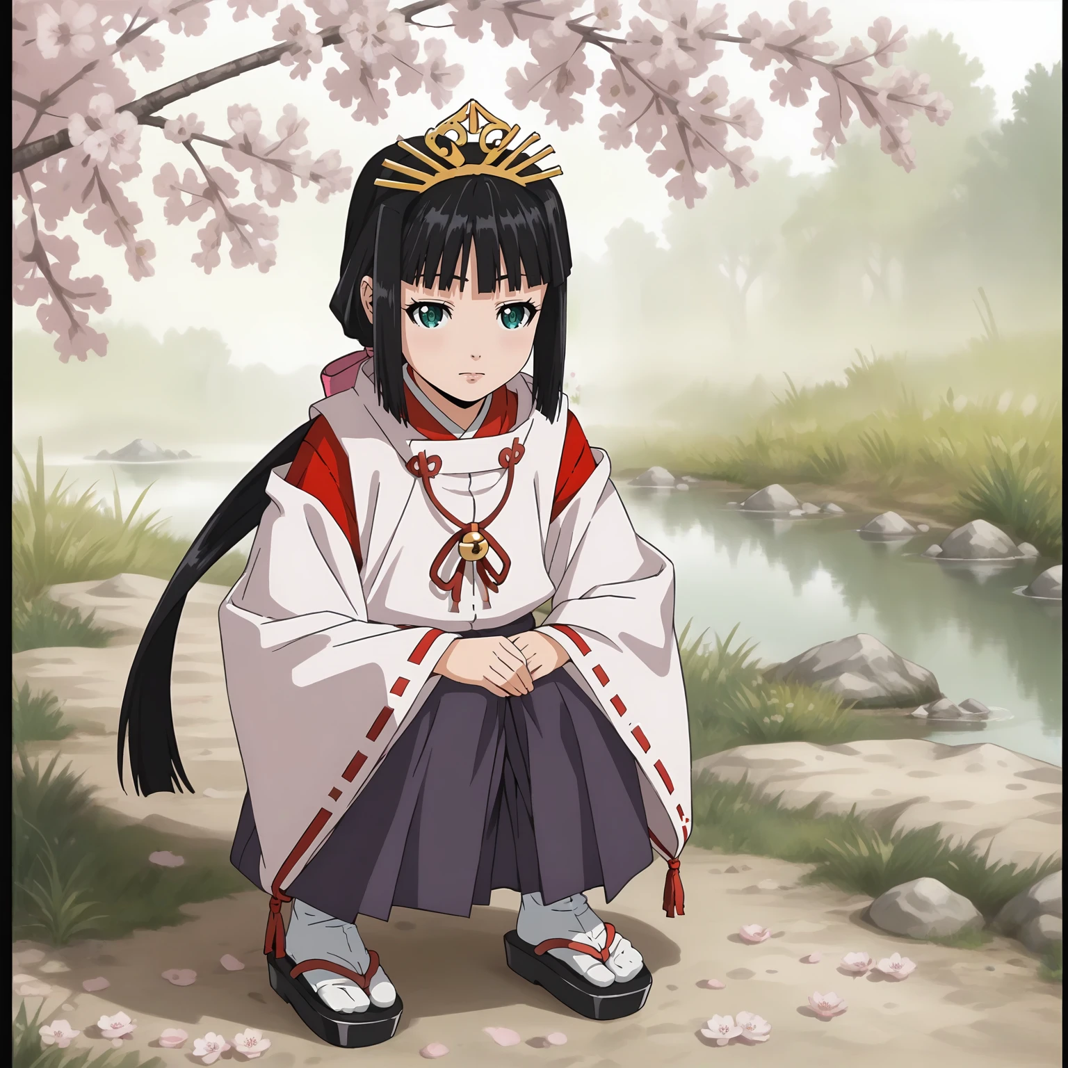 <lora:TES_ShizukuXLpony001:0.8>,
solo,
Shizuku,1girl,black hair,low ponytail,hair ribbon,green eyes,
tiara,
miko,
outdoors,realistic,nature,cherry blossoms,
full body,squatting,hakama,tabi,