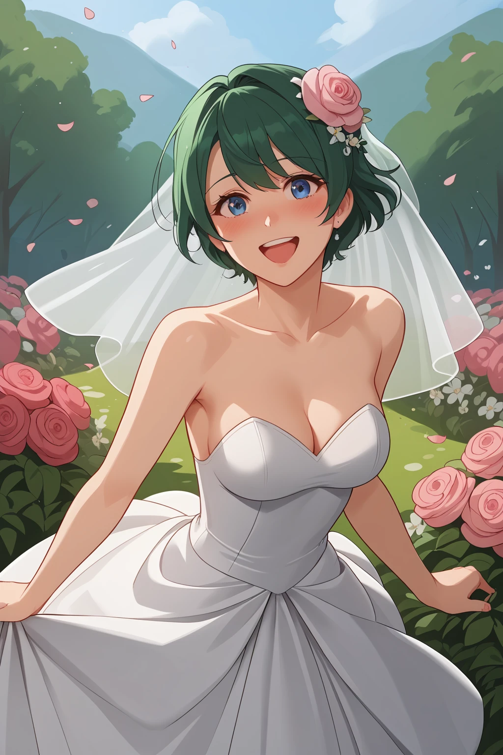 Kuremu, Green Hair, Short Hair, Blue Eyes, wedding dress, wedding veils,
(nsfw), (uncensored), (score_9), score_8_up, score_7_up, source_anime, cowboy shot, dynamic pose, 1 Female, solo, happy smile joy, blush, ashamed, shy, sexy, charming, alluring, seductive, enchanting, erotic,
 ((outdoors)), ((flower garden)), ((flowers)), ((many flowers)), spring petals, petals of flowers, spring, falling petals, flying butterflies<lora:EMS-421550-EMS:0.800000>