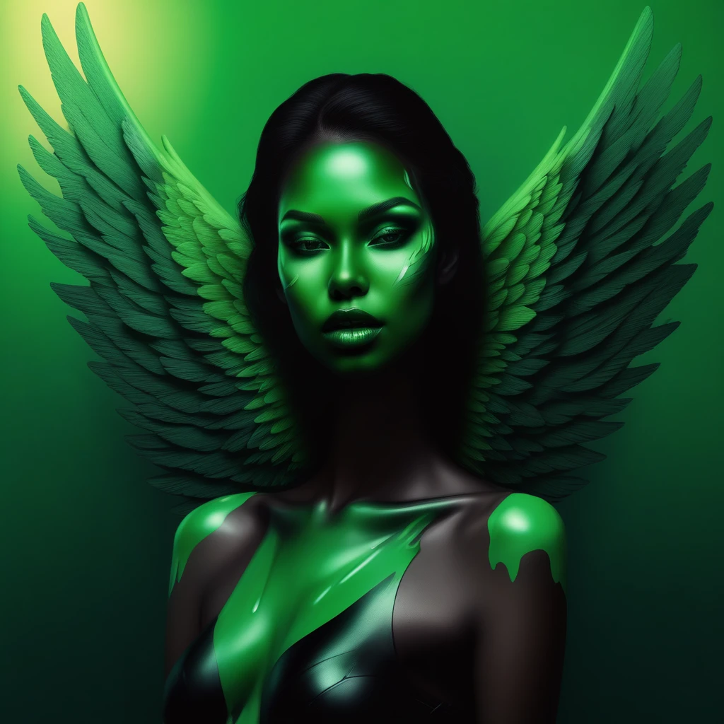 wings, green skin, painting (medium), shadow, building, makeup, green theme, gradient, lips, water
