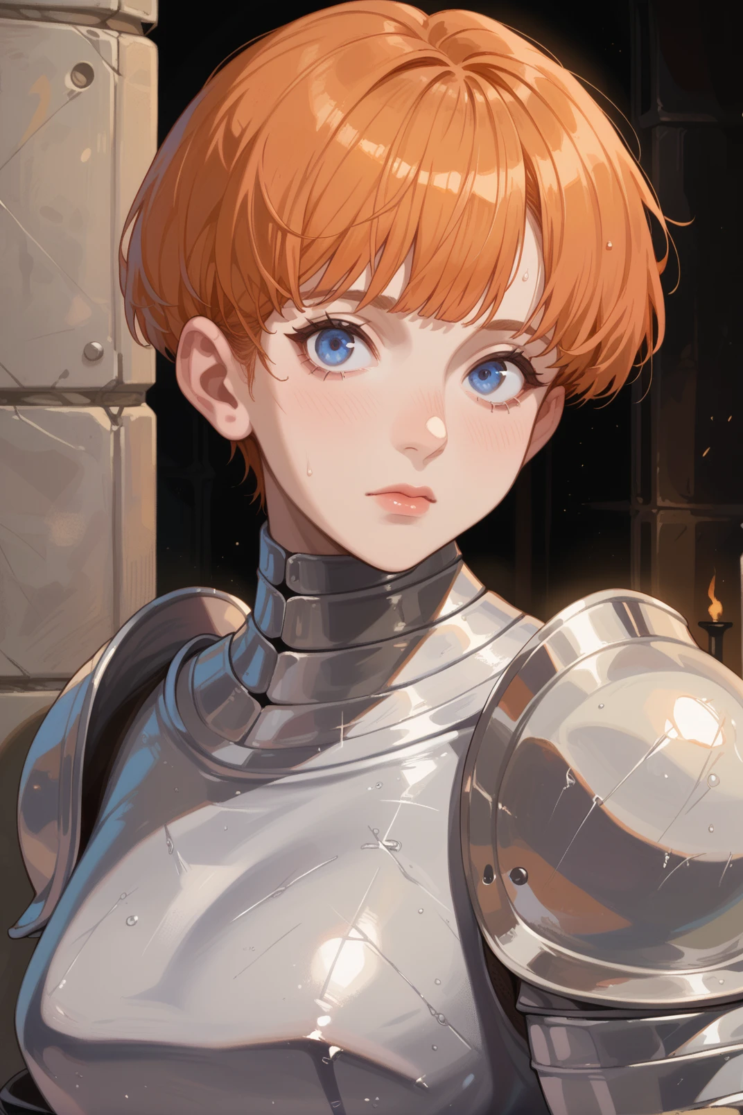 solo, 1girl, darceFH, orange hair, bangs, blue eyes, knight, steel armor, steel pauldrons, breastplate, standing, upper body, dungeon, looking at viewer, <lora:darceFH:0.9>, cold colors,, score_9, score_8_up, score_7_up, score_6_up