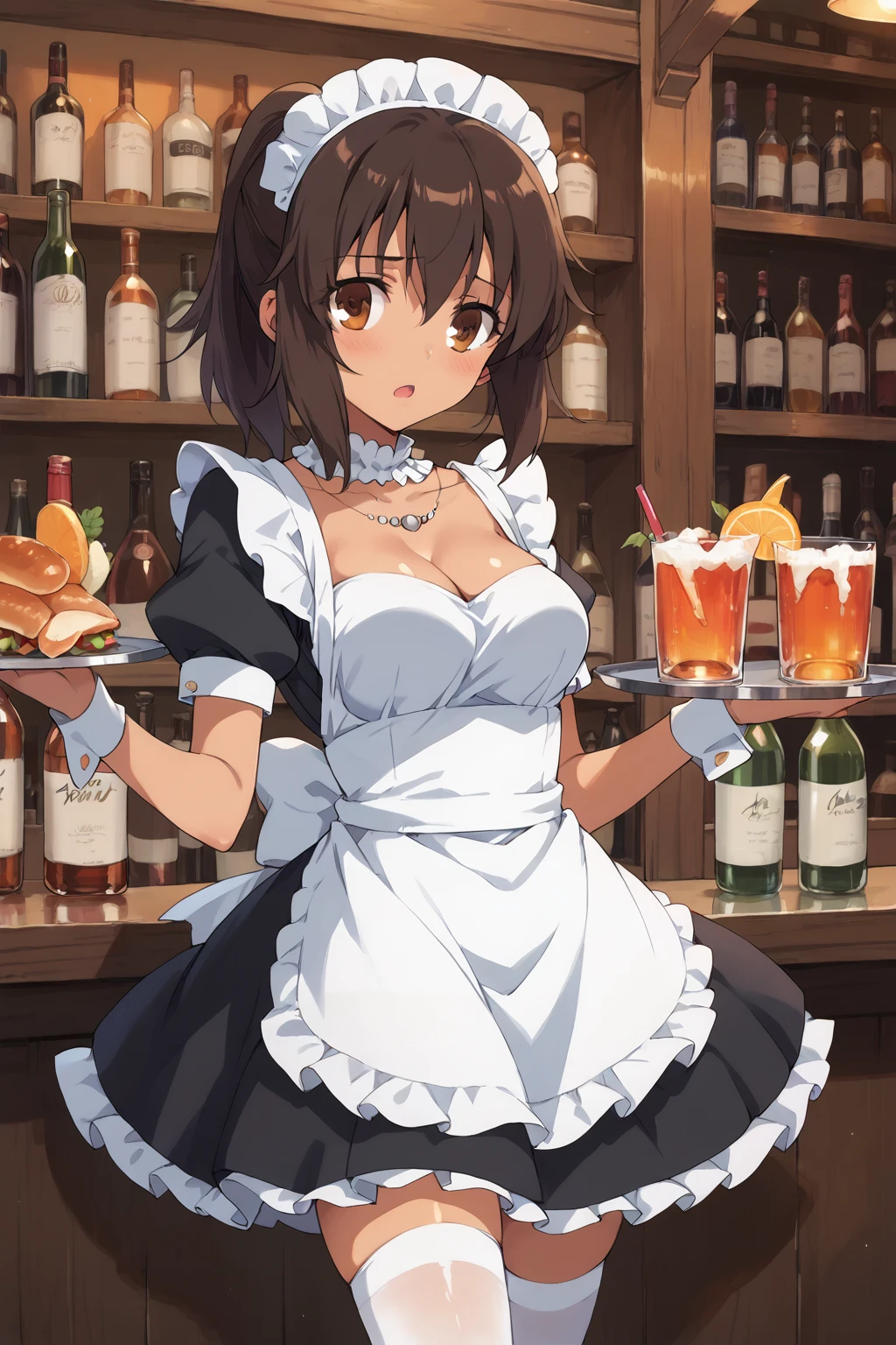 score_9, score_8_up, score_7_up, , score_ANIME, fateshirley, 1girl, solo, brown hair, short ponytail, brown eyes,,cleavage, cowboy shot, necklace, ,  dark skin, ,blush,  ,   <lora:shirley_fate_pony:1> maid,  miniskirt,  open mouth,  sad, thighs,  thighhighs,  maid headdress,  indoors,  holding tray,  looking at viewer,  bar,  frilled choker,  frills,  medium breasts,