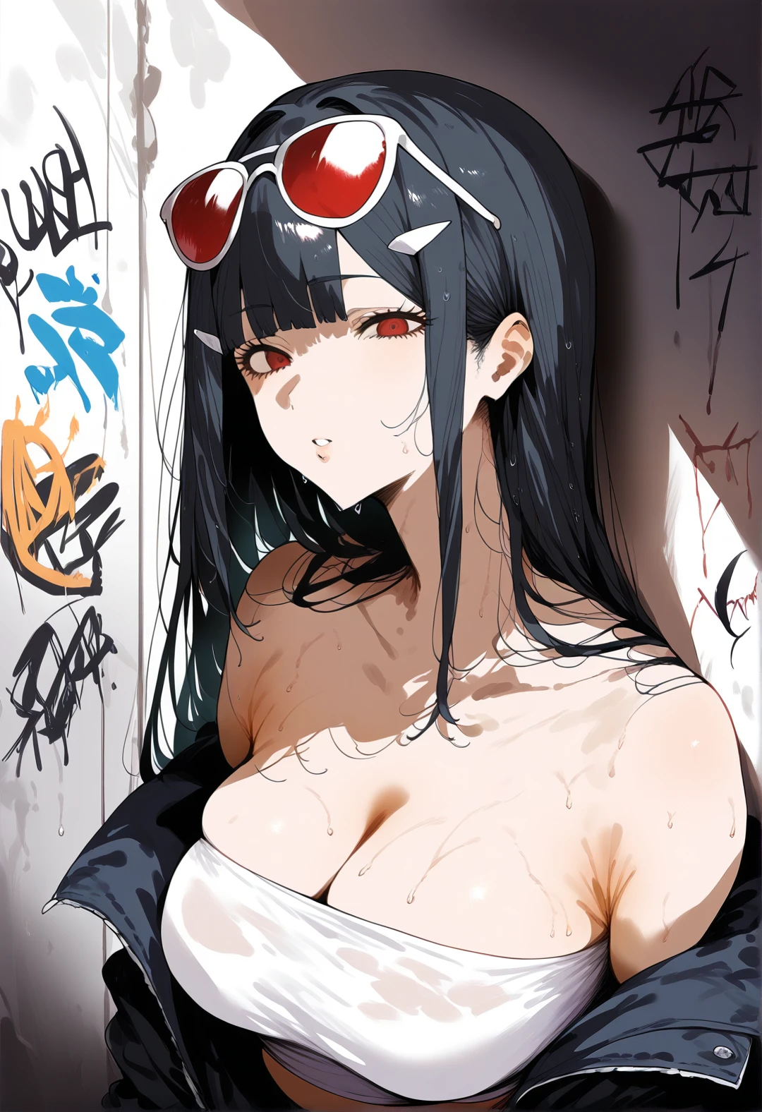 masterpiece, best quality, 1lady, solo, black hanting hat, black shirt, black mini skirt,black boots,    (graffiti:1.5), arms behind back, looking at viewer, thigh strap, paint on face, head tilt, bored, red and multicolored hair, red eyes, white stars in eyes, evil grin, (an artistic photograph of a cyberpunk prostitute),contrast beautifully with the sleek, emphasizing the dynamic nature of the scene. wide aperture, HDR, midnight,alley, street light, night sky,backlit, from below, upper body.