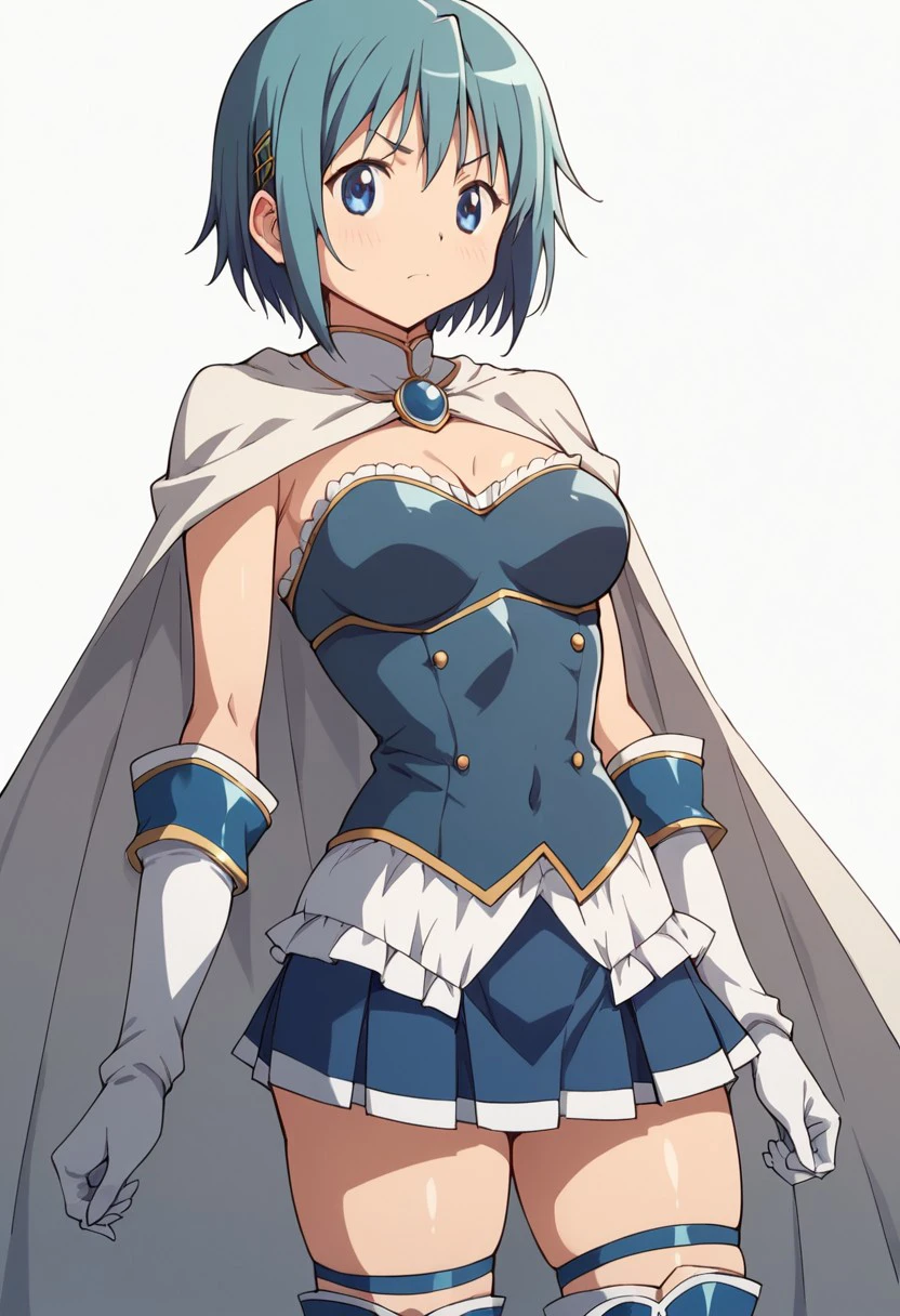 score_9, score_8_up, score_7_up, score_6_up, score_5_up, score_4_up, masterpiece, anime_lineart anime coloring, solo, big thighs, thin waist, medium breasts, White background, Sayaka Miki, Blue hair, blue eyes, Short hair, magical girl, Short skirt, cape