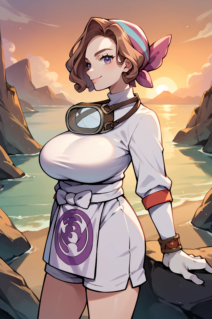 score_9, score_8_up, score_7_up, score_6_up, source_anime, 1girl, solo, <lora:pkmnpalina-pdxl-nvwls-v1-000008:1> palina, wavy hair, brown hair, bandana, goggles around neck, white shirt, turtleneck, long sleeves, white sash, apron, white shorts, white gloves, bracelet, profile, sunset, looking at you, smile, huge breasts