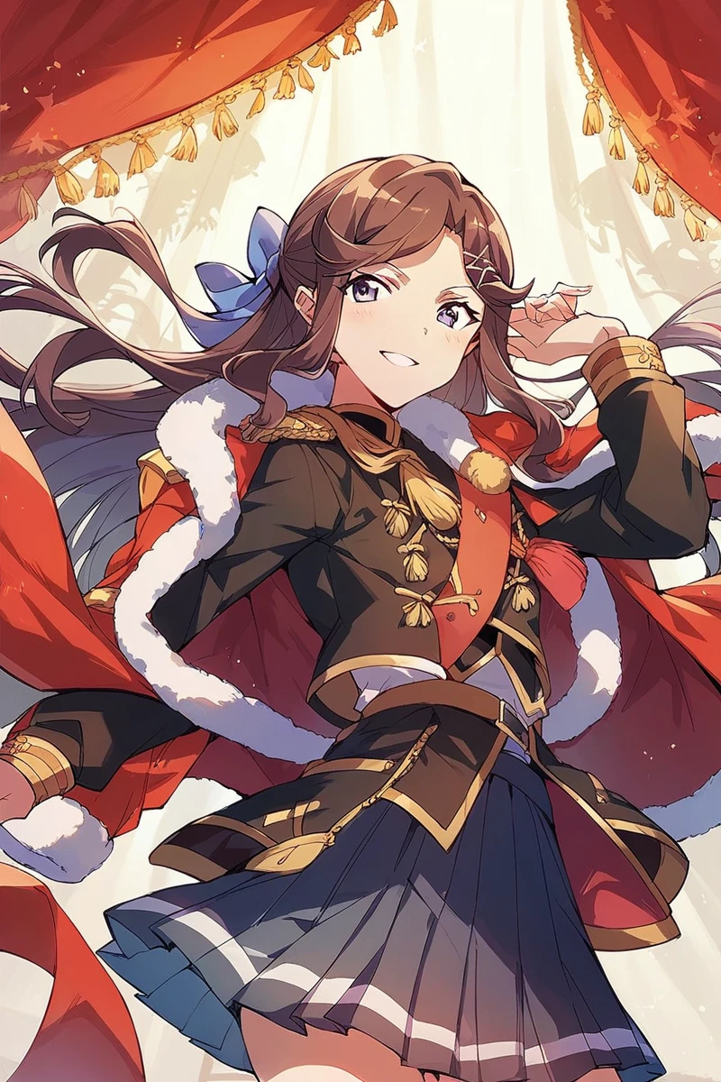 score_9, score_8_up, score_7_up, score_6_up, 1girl,
<lora:Maya_Tendo:0.9> maya, brown hair, long hair, x hair ornament, bow, pleated skirt, fur-trimmed jacket, jacket on shoulder, stage outfit, color lights, red curtain,