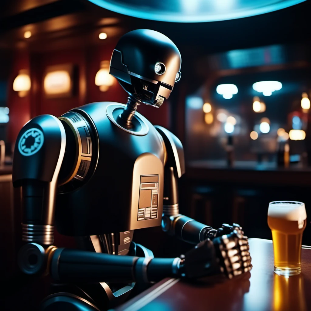 cinematic photo robot, solo, no humans, having a beer in a spaceship pub  <lora:K2SO:0.8> . 35mm photograph, film, bokeh, professional, 4k, highly detailed