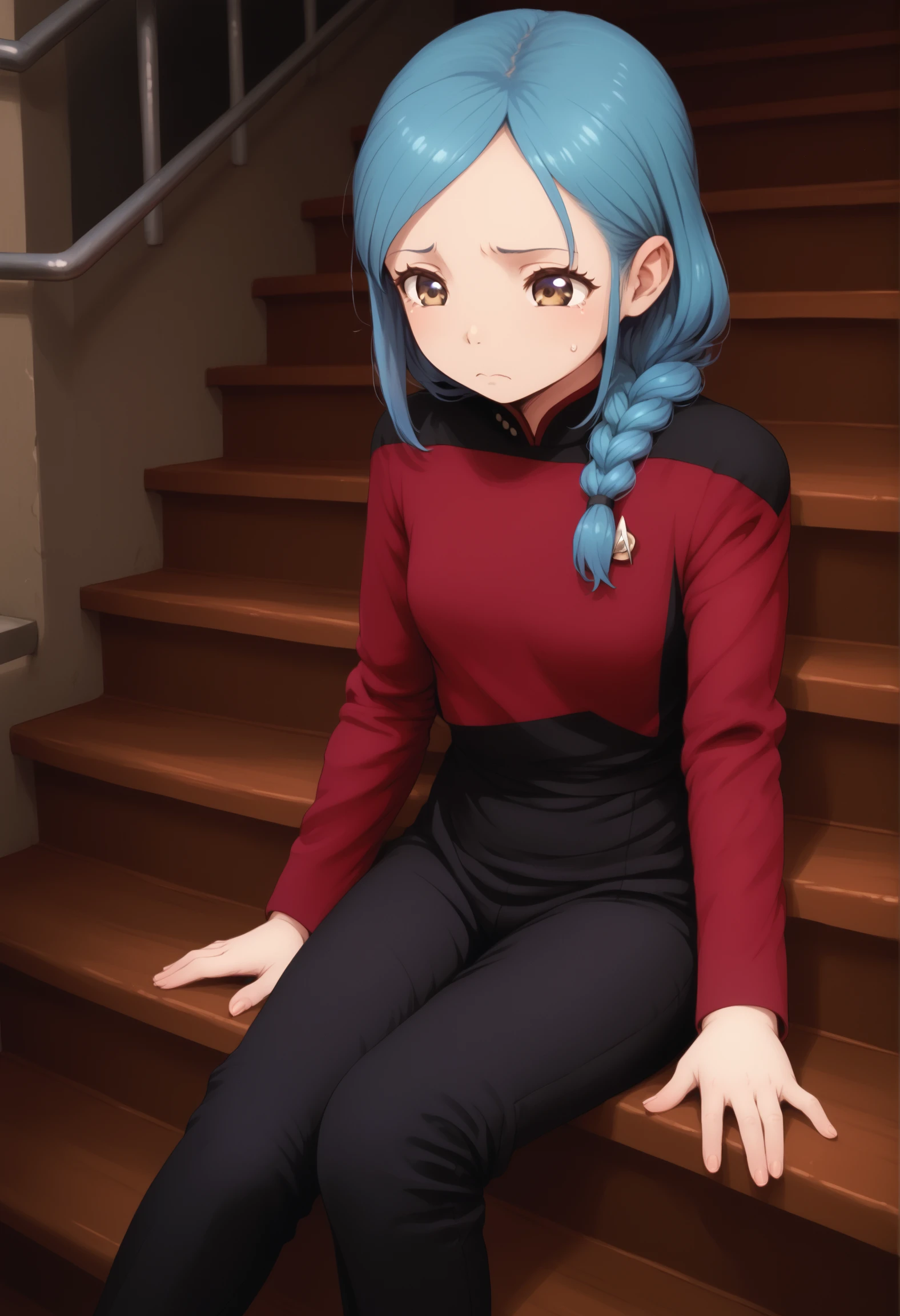 score_9,score_7_up,solo,1 girl, blue hair, braid,sitting on stairs,basement,sad,
s3stngunf,red uniform,black pants
,<lora:STTNGponyStrong>