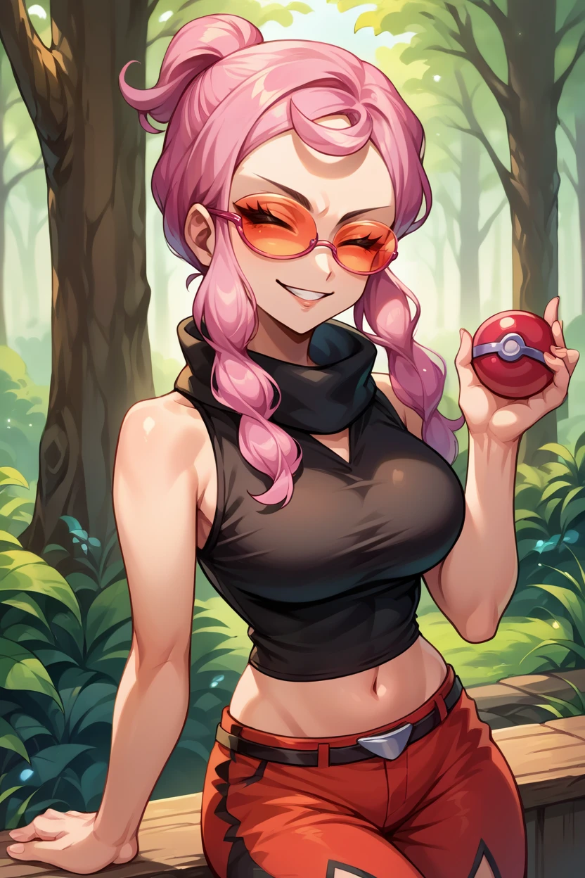 score_9, score_8_up, score_7_up, score_6_up, source_anime, 1girl, solo, <lora:pkmnmalva-pdxl-nvwls-v1-000008:1> malva, pink hair, short ponytail, tinted eyewear, black crop top, turtleneck, sleeveless, midriff, belt, red pants, closed eyes, smug smile, holding poke ball \(basic\), forest, looking at you, large breasts