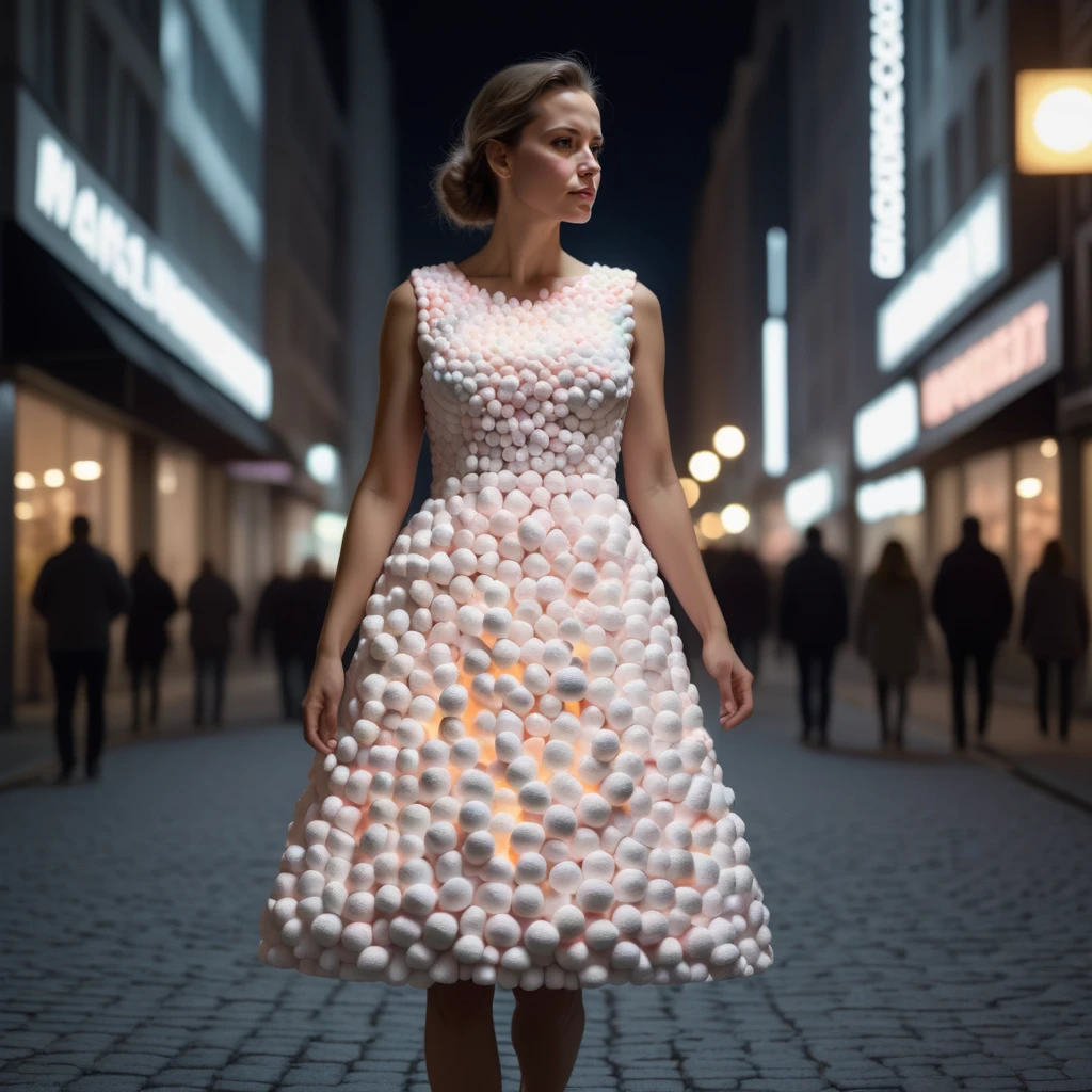 a woman, wearing a dress made out of Jed-mrshmlw walking in a city by night , <lora:MarshmallowStyle-000007:0.5>