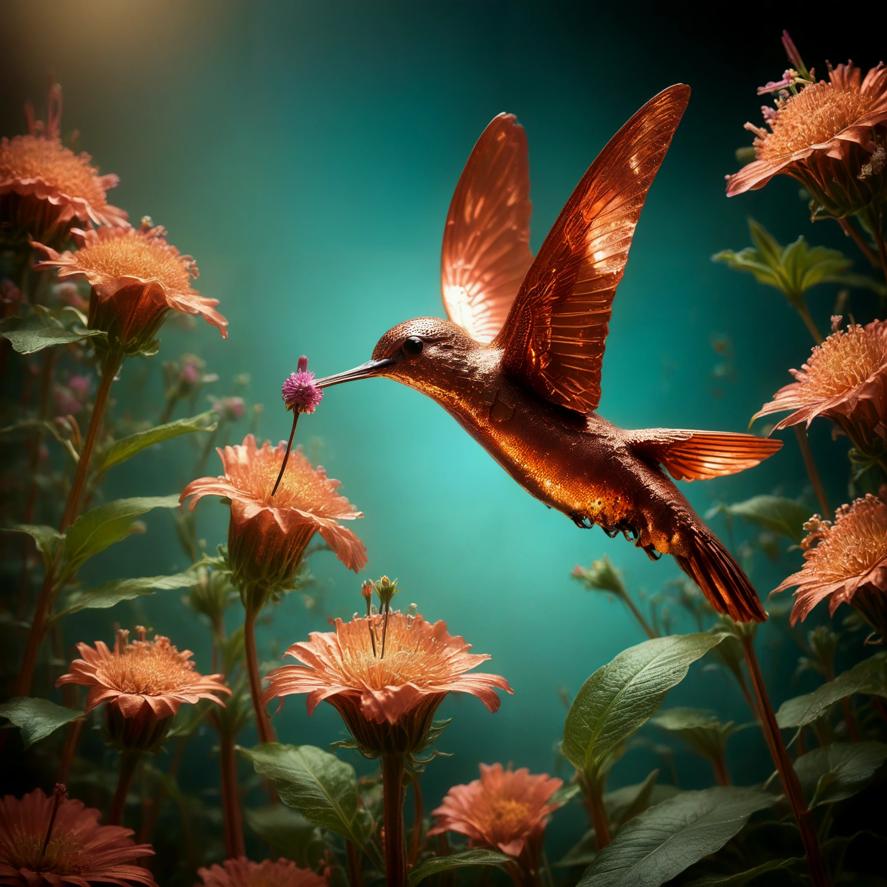 A copper hummingbird hovering at a flower.
BREAK

<lora:MadeOfCopper01_CE_SDXL:1.2>