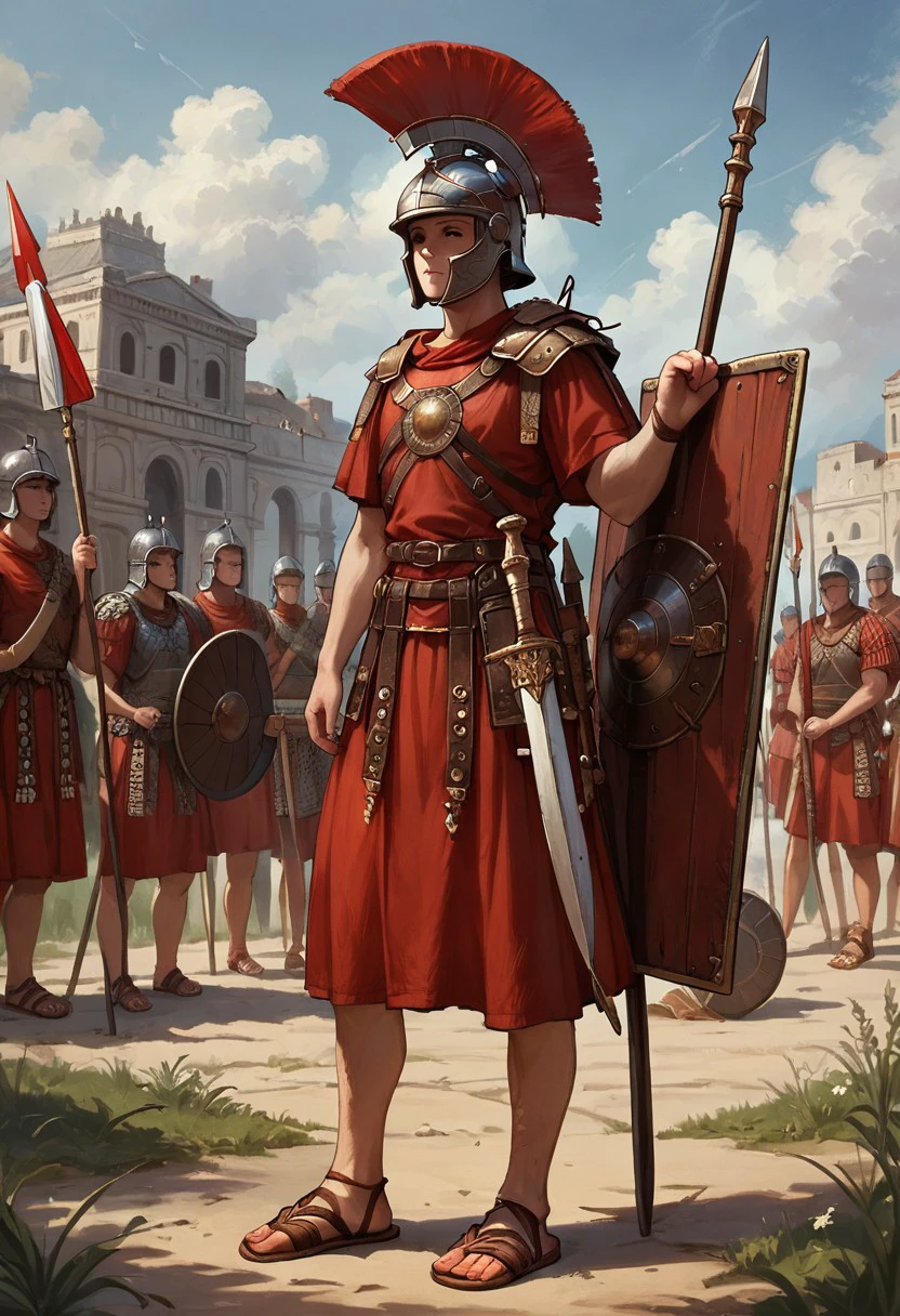 core_9,score_8_up,score_7_up, wearing armor, helmet, red tunic, red shirt, sandals, shield, spear, sword, Intricate details, upper body, Proud look