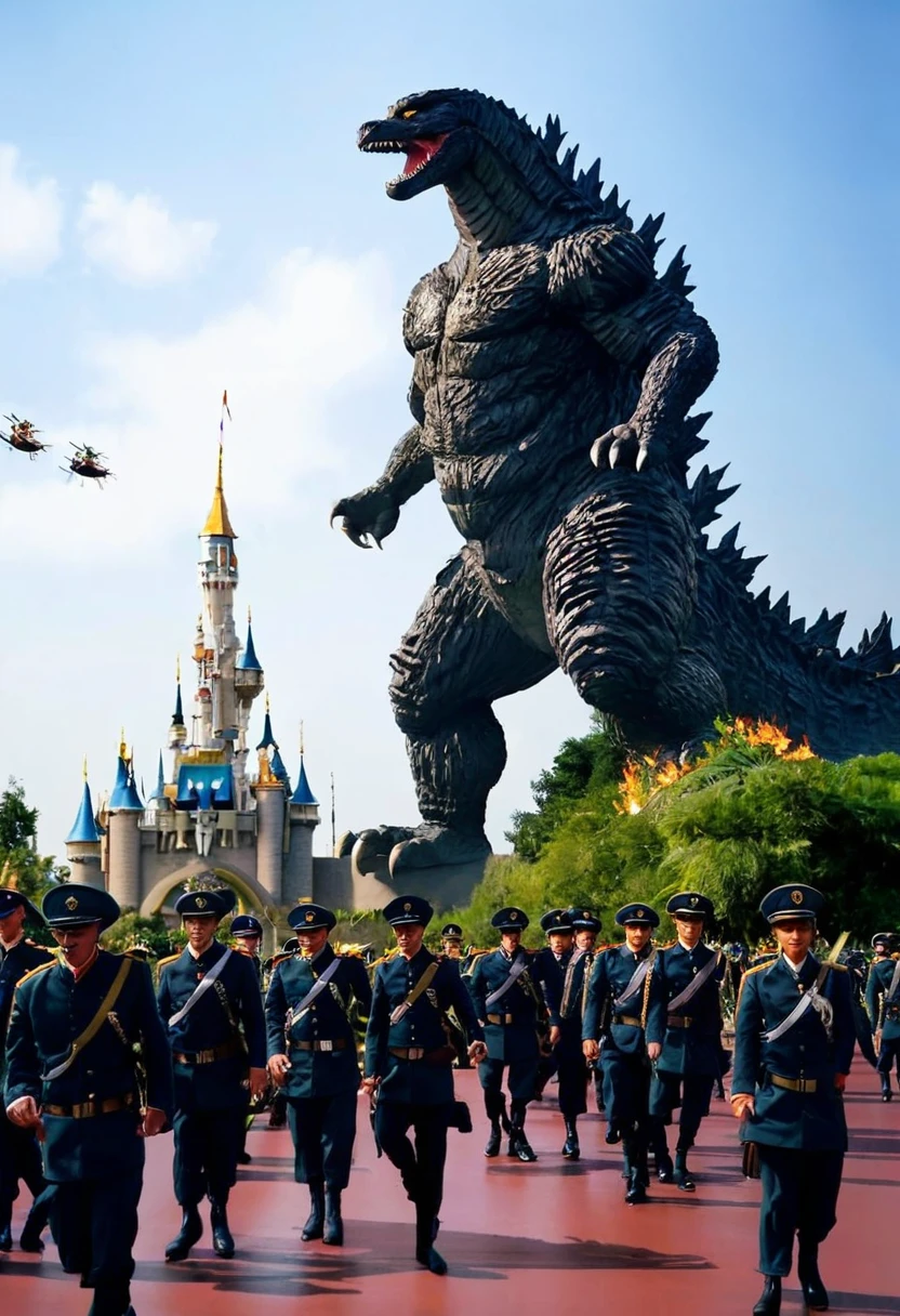 epic disneyland photo with a tall godzilla monster with flying helicopters and army marching