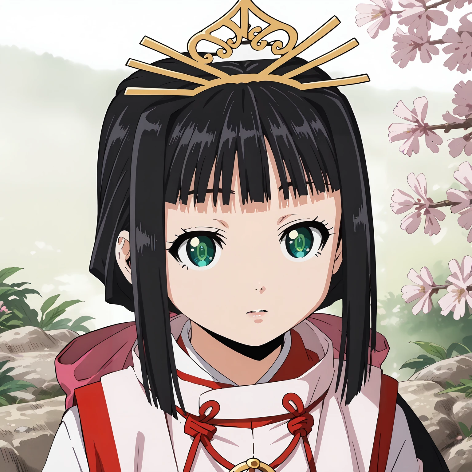 <lora:TES_ShizukuXLpony002>,
parted lips,close-up,
solo,
Shizuku,1girl,black hair,low ponytail,hair ribbon,green eyes,
very long hair,
tiara,
miko,
outdoors,nature,cherry blossoms,
standing,