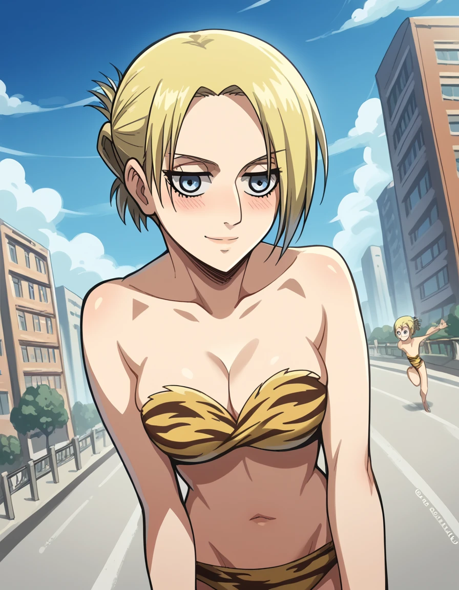 score_9, score_8_up, score_7_up, source_anime, <lora:anni-leonhart-s1-ponyxl-lora-nochekaiser:1>, annie leonhardt, short hair, blue eyes, blonde hair, folded ponytail,, <lora:lum-cosplay-ponyxl-lora-nochekaiser:1>, lumcosplay, navel, cleavage, swimsuit, bikini, strapless, animal print, yellow bikini, tiger print, strapless bikini,, outdoors, cityscape, street, smile, blush,, , cowboy shot, dutch angle