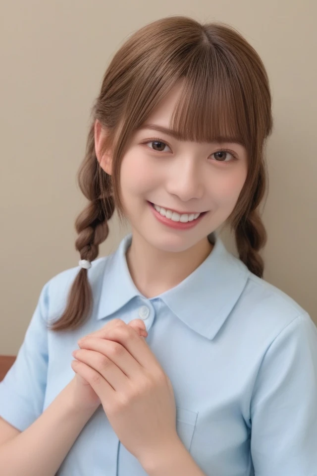 score_9,score_8_up,score_7_up,score_6_up,rating_explicit,8k,ultra detailed,perfect anatomy,beautiful lighting,uncensored,pretty,beautiful,photorealistic,realistic eyes,realistic skin,
1girl,solo,smile,braid,twin braids,brown hair,shirt,looking at viewer,short sleeves,bangs,sitting,grin,realistic,collared shirt,teeth,own hands together,upper body,blunt bangs,skirt,bench,twintails,blue shirt,
,<lora:PONY-Mei Higashimura:0.8>