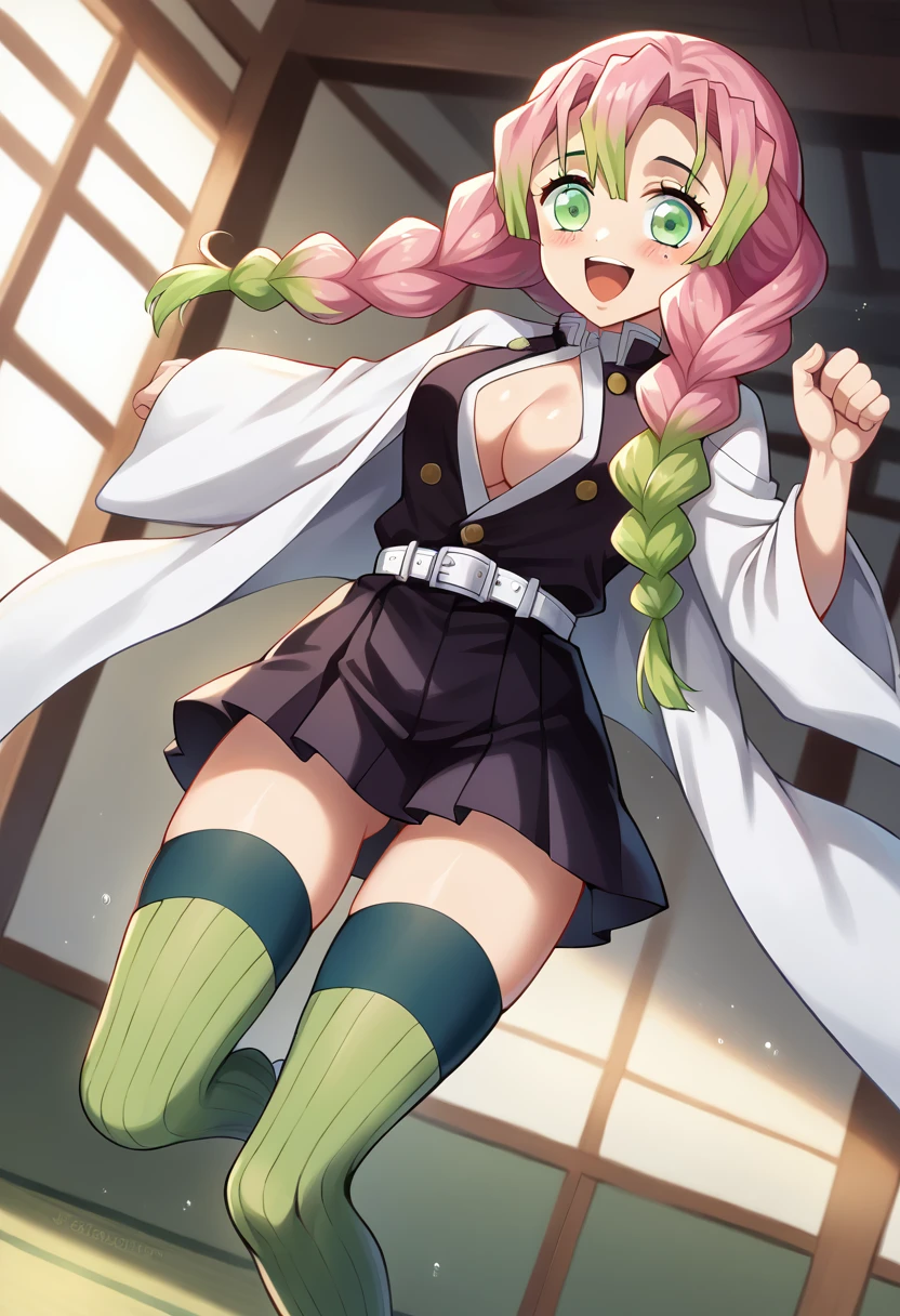 score_9, score_8_up, score_7_up, source_anime, masterpiece, 1girl, ct_m1tsur1, japanese clothing, white haori, black shirt, white belt, black skirt, long sleeves, wide sleeves, green thighhighs, cleavage, looking at viewer, indoors, jumping, happy, bouncing breasts, shiny skin, blush, <lora:Mitsuri_Kanroji_ct_ver2:1>