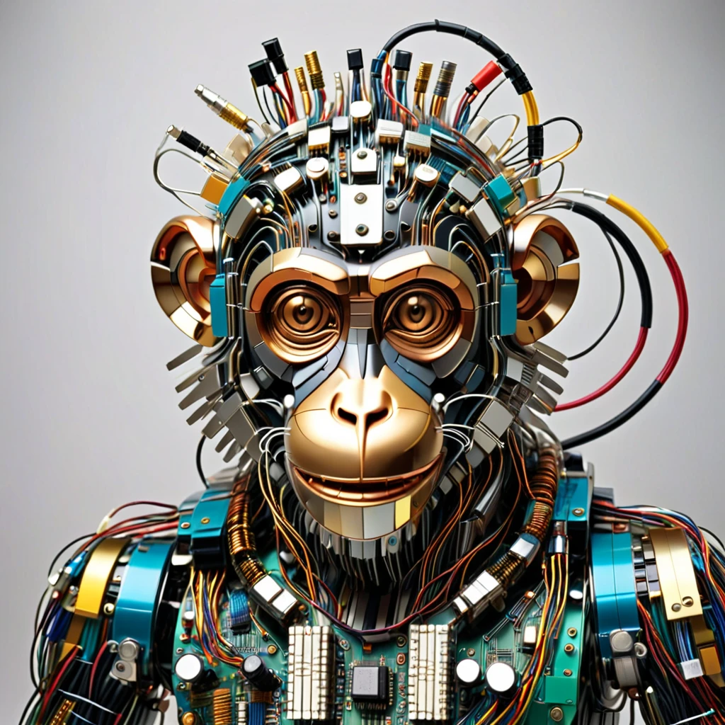 monkey made out of transistors , looks beautiful and aesthetic, colorful background  <lora:TransistorsXL_LoRA:1>