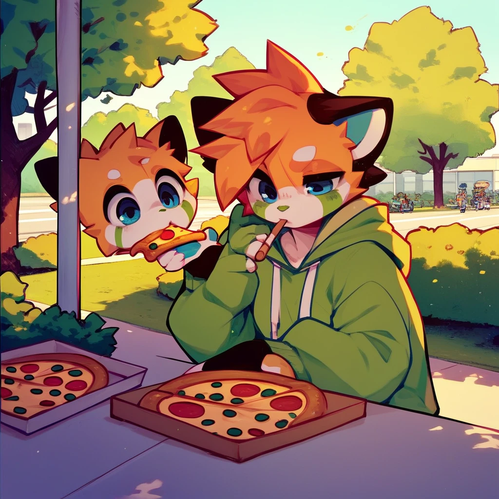 score_9, score_8_up, score_7_up, score_6_up, mikus-pocky, 1girl, green hoodie, blue eyes, park, pizza,