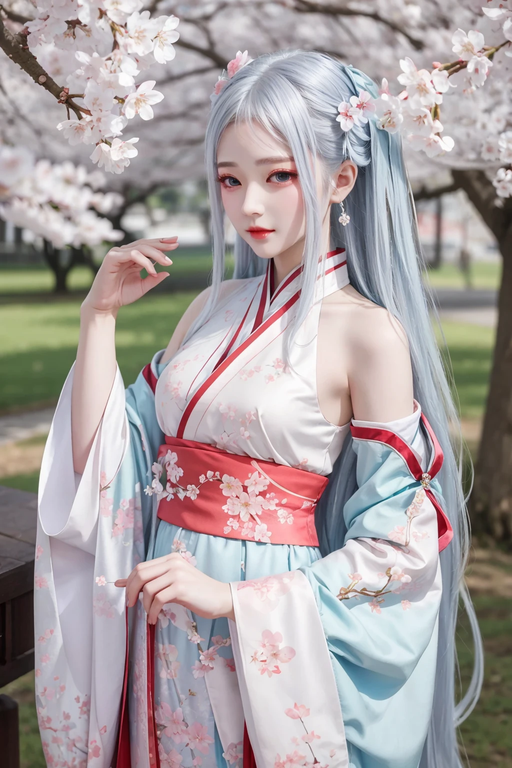 masterpiece,best quality,1girl,women,solo,hips up,upper body,closed mouth,accessories,long white hair,colorful hanfu,cherry blossoms,jewelry,<lora:more_details:0.3>,<lora:narakazaiji:0.6>,