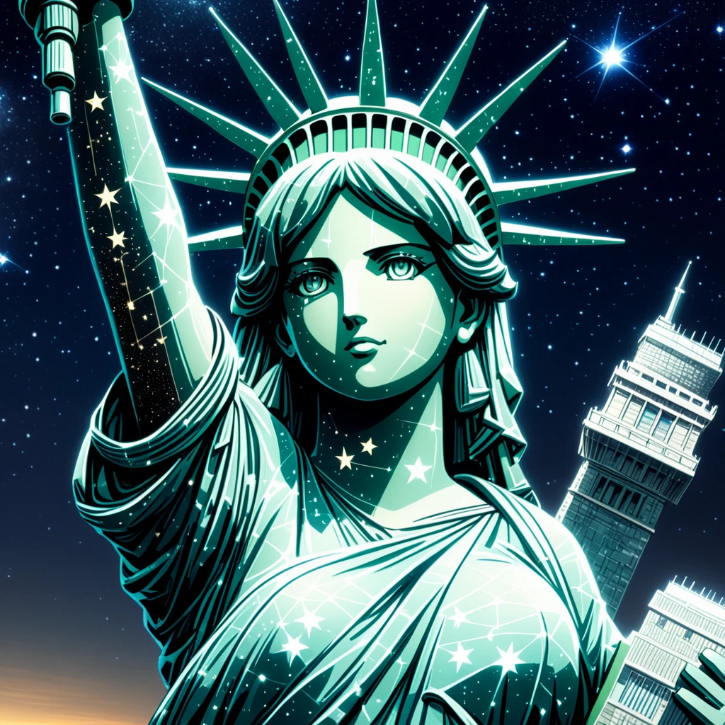 <lora:Starry_Morph:1> starry_morph statue of liberty, (anime, masterpiece, intricate:1.3), (best quality, hires textures, high detail:1.2), (4k),(incredibly detailed:1.4),UHD, 8K, ultra detailed