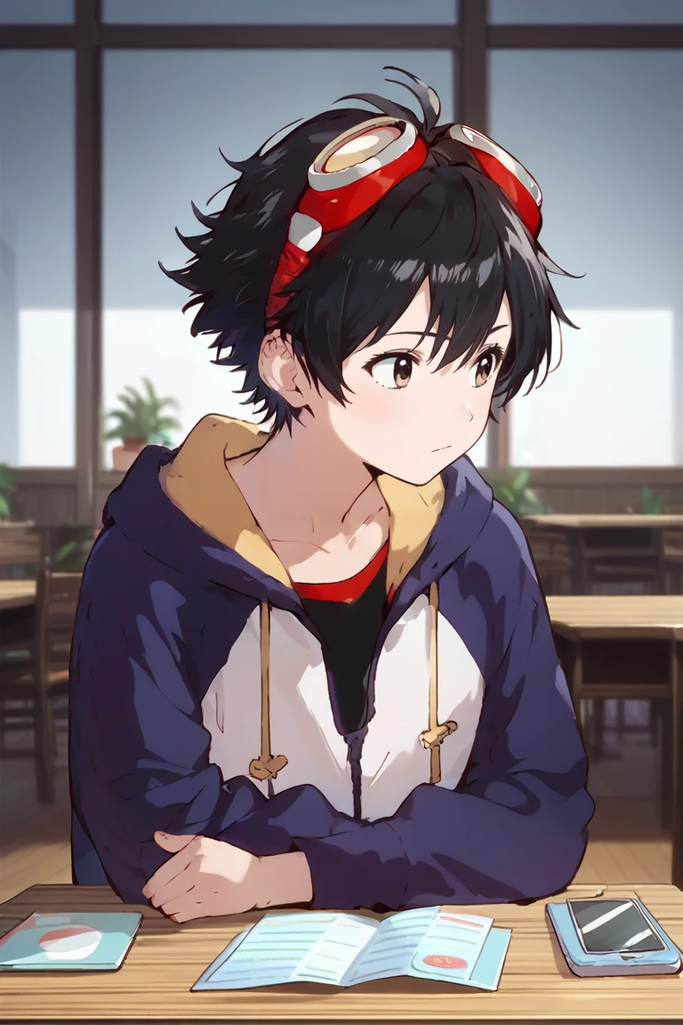 score_9, score_8_up, score_7_up, score_6_up, detailed, intricate details,best quality ,source_anime,
takuma momozuka, black hair, brown eyes, blue hoodie, black shirt, , goggles on head, goggles, table, phone, cellphone, short hair, chair, sitting, indoors, solo<lora:EMS-421709-EMS:1.000000>