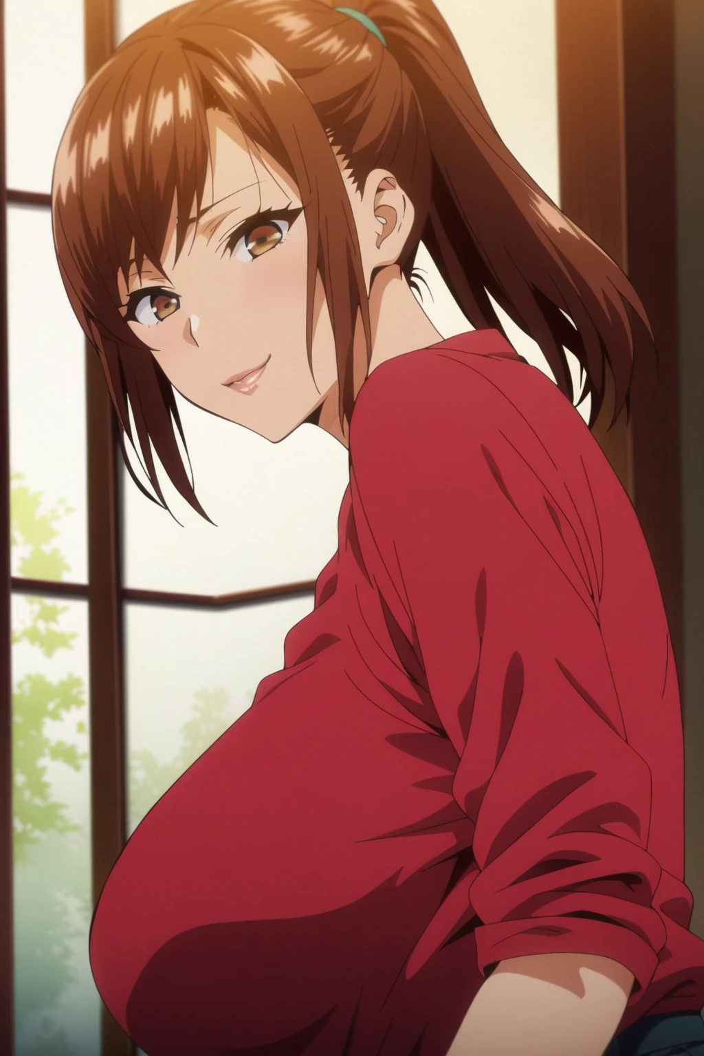 (masterpiece, best quality:1.2), 1girl, day, looking at viewer, ponytail, brown hair, Bangs, brown eyes, short hair, milf, smile, half-closed eyes  

portrait, red long shirt, woman, upper body, shoulder, waist, hands, hips, large breasts

anime screencap, high quality anime 2d color, 2d, Accurate describe shapes, beautiful face, expressive eyes, flat, (plain anime style), natural lighting, light particles, cinematic angle, (masterpiece), (best quality), (ultra-detailed), very aesthetic, illustration, perfect composition, intricate details, moody lighting, light rays, depth of field, cowboy shot, cinematic angle, establish,
