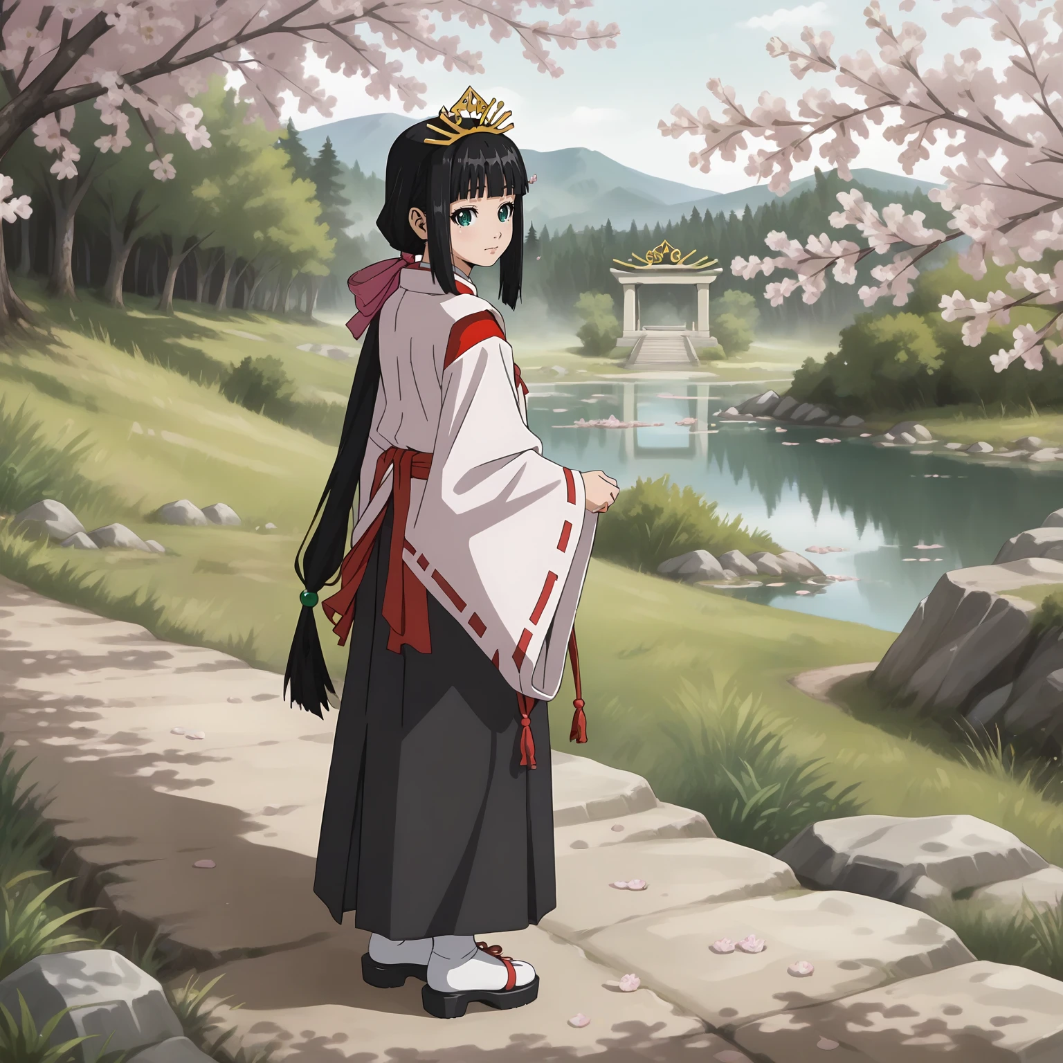 <lora:TES_ShizukuXLpony001:0.8>,
solo,
Shizuku,1girl,black hair,low ponytail,hair ribbon,green eyes,
tiara,
miko,
outdoors,realistic,nature,cherry blossoms,
full body,standing,looking back,