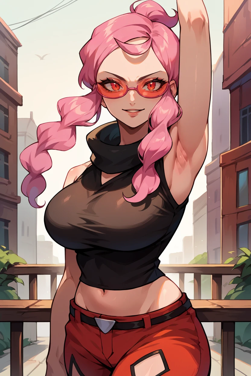 score_9, score_8_up, score_7_up, score_6_up, source_anime, 1girl, solo, <lora:pkmnmalva-pdxl-nvwls-v1-000008:1> malva, pink hair, short ponytail, tinted eyewear, black crop top, turtleneck, sleeveless, midriff, belt, red pants, profile, arm up, huge breasts, armpit, looking at you, naughty face, city