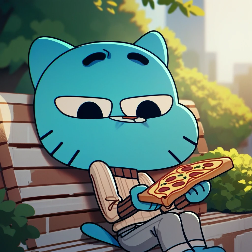 score_9, score_8_up, score_7_up, score_6_up, gumball, black eyes, blue fur, blue cat, cat ears, tan sweater, grey pants, 1boy, solo, eating pizza, park,