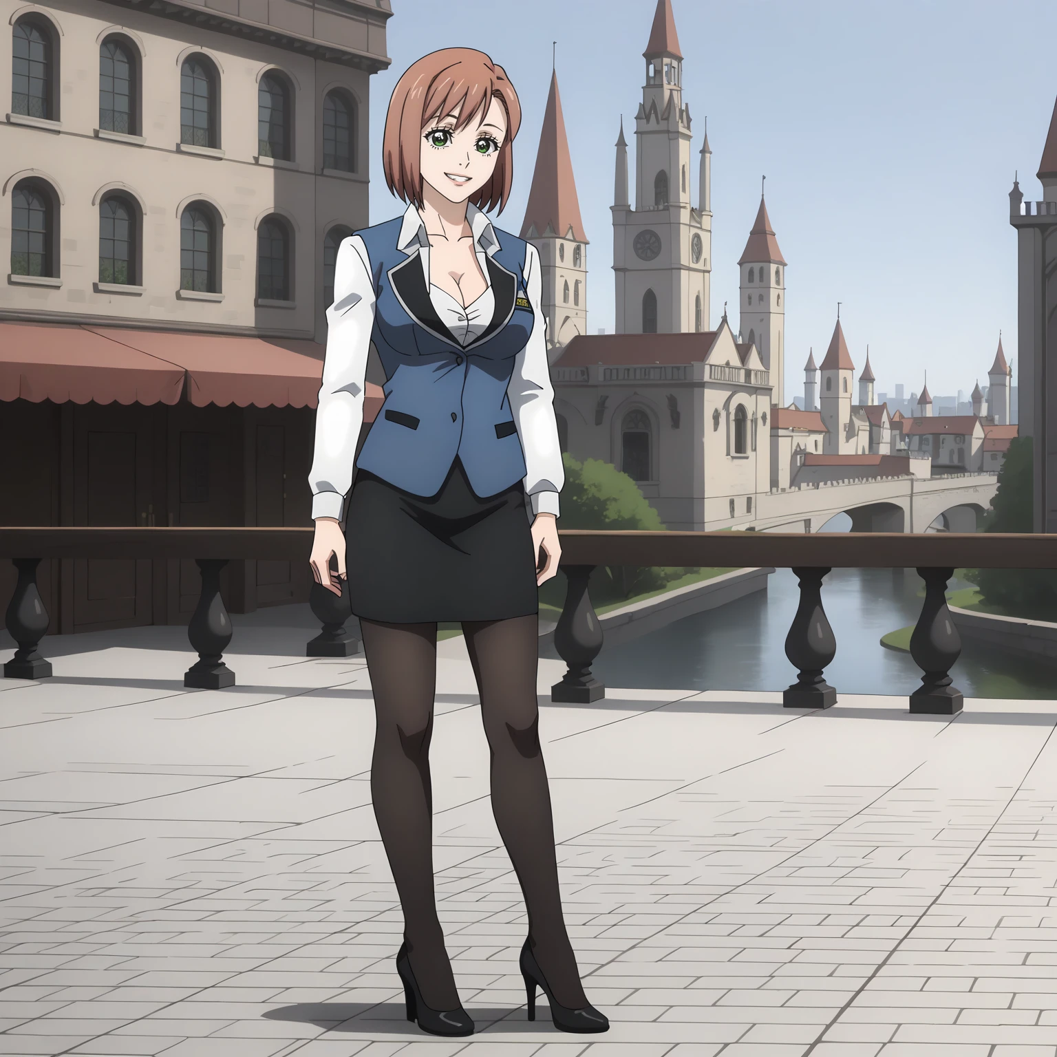 <lora:ONT_AlisaGrangerXLpony002>,
looking at viewer,smile,parted lips,
solo,
AlisaGranger,1girl,pink brown hair,bob_cut,green eyes,
business_suit,white shirt,blue vest,cleavage,long_sleeves,black skirt,black_pantyhose,high_heels,
full body,standing,
outdoors,medieval cityscape,