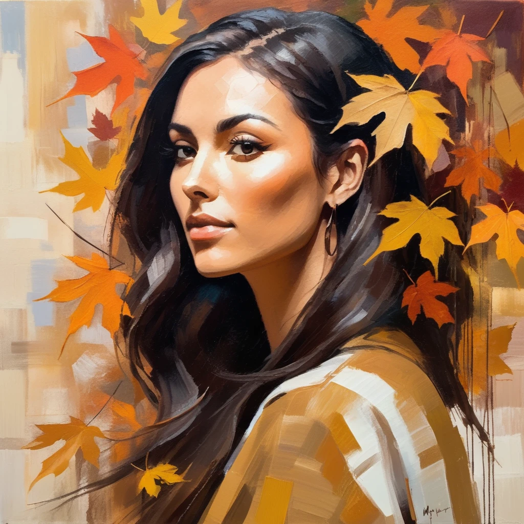 (Abstract) sketch of a woman in the fall season, oil on canvas,  mayxjm, <lora:mayajama_juggerX_xl_1_wocap_merger_59_140_merger_98_07_03-mayxjm:1>