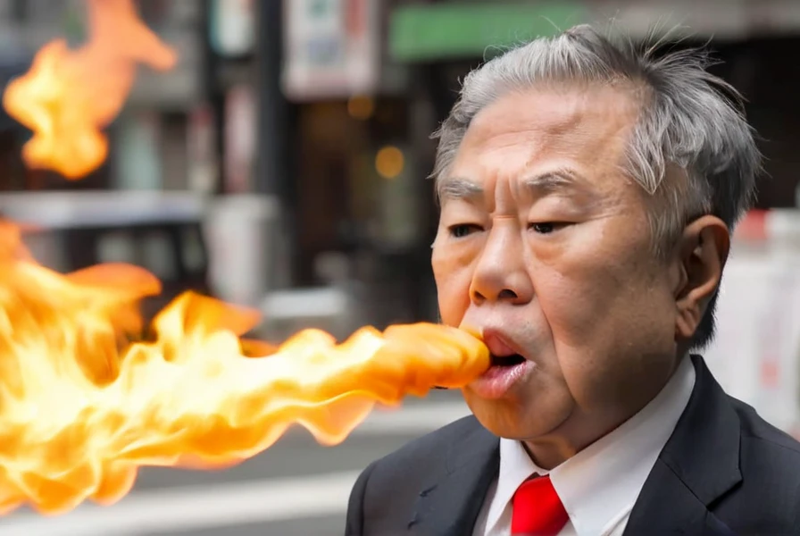 <lyco:Kazuhiro_Haraguchi:1.0>, highly detailed professional 8k raw photography, best hyperrealistic quality backgrounds, volumetric real-time lighting and shadows, middle-aged, old man, asian, gray hair, wearing  black suit and red tie, white shirts under the black suit, Asian, (Kazuhiro Haraguchi), fire breathing from mouth, open mouth, tokyo city streets background