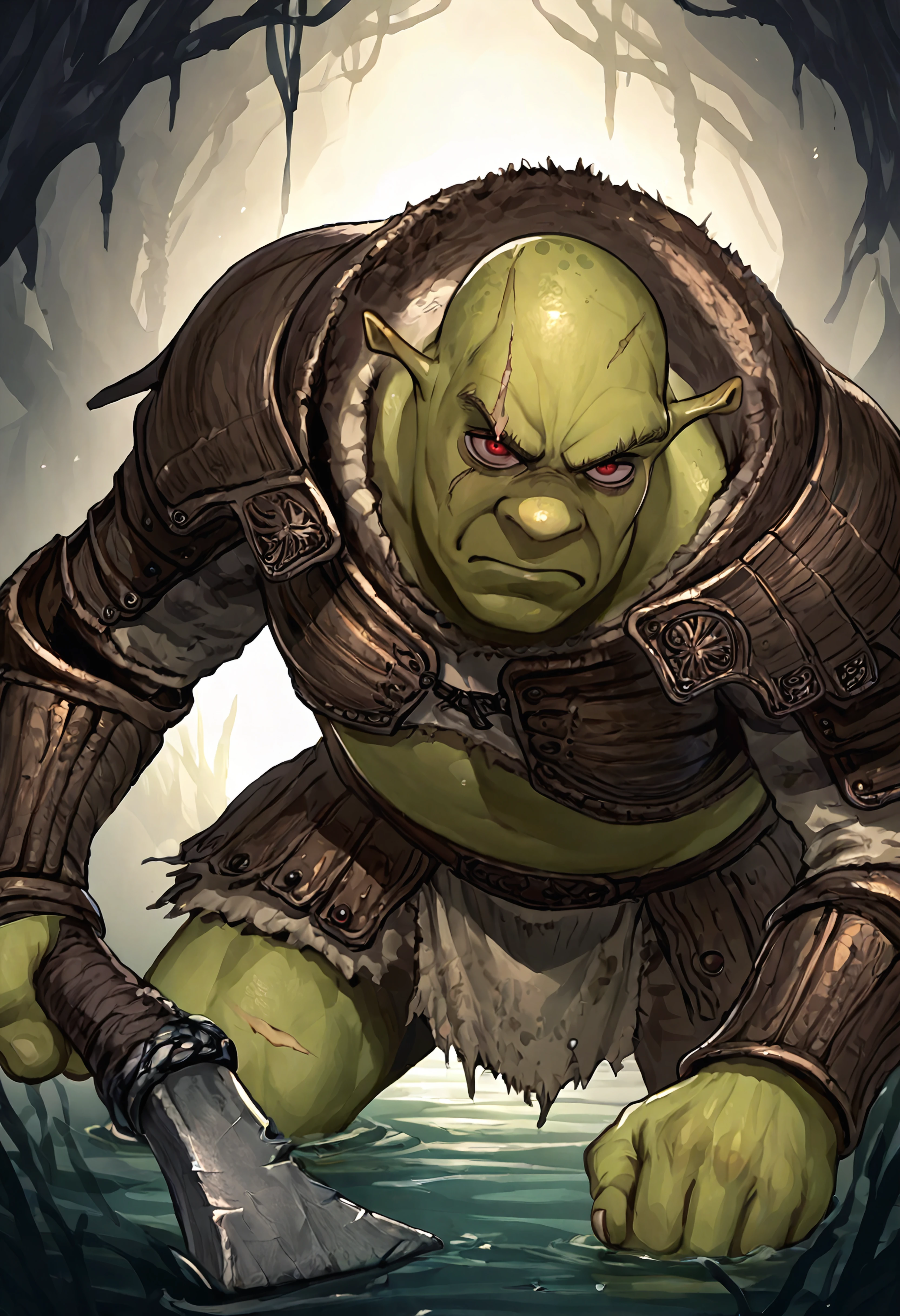 score_9, score_7_up BREAK 1boy,male focus,shrek, green skin,full armor,shoulder armor,serious,holding axe,swamp,dark background,red eyes,scar,fighting stance <lora:ibuo_pd:1> <lora:Shrek_XLPD:0.7>