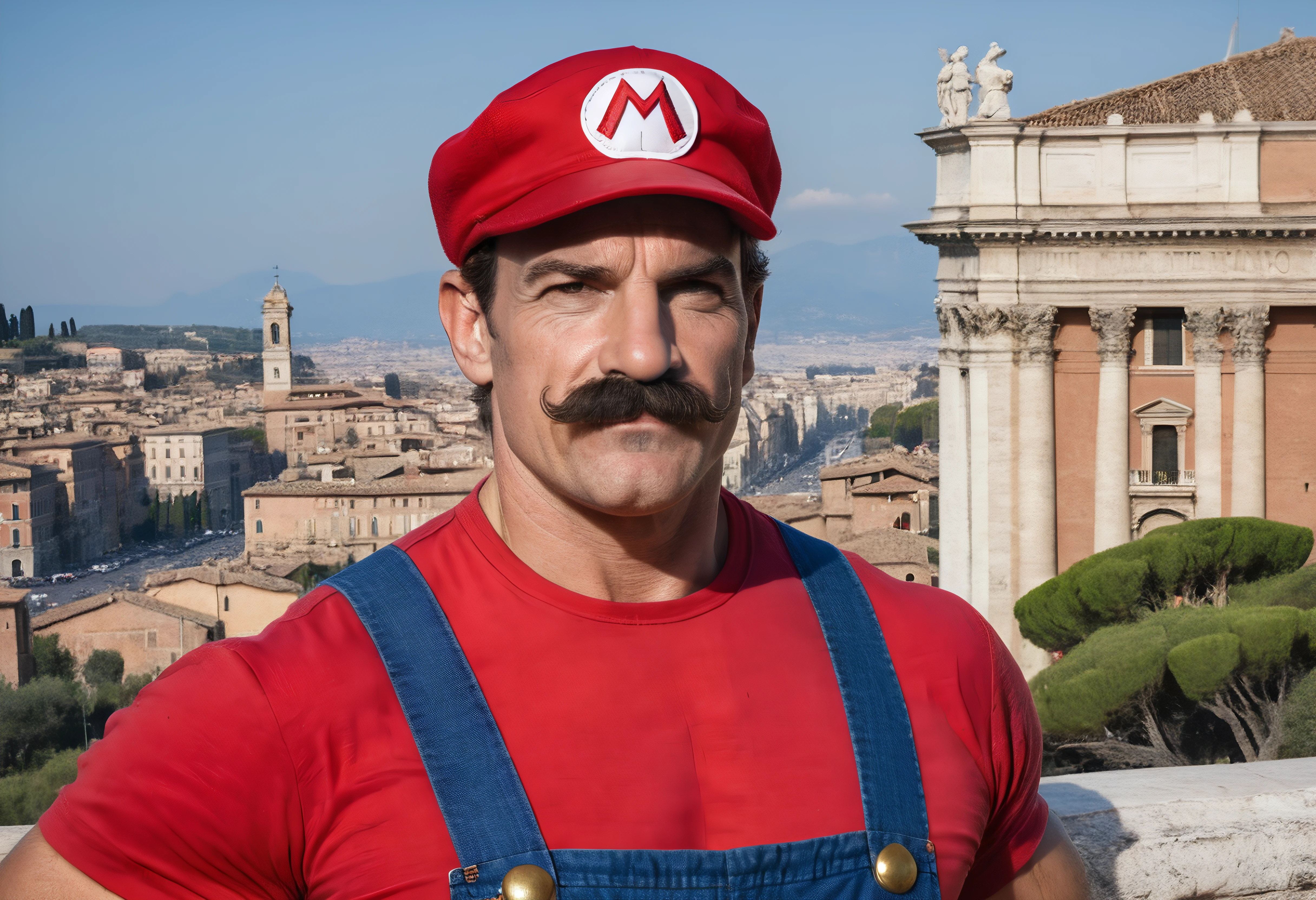 Mario in Italy, red shirt, blue overalls, red cap, manly, muscular, posing, mustache, Italy, Rome, photograph, upper body, solo