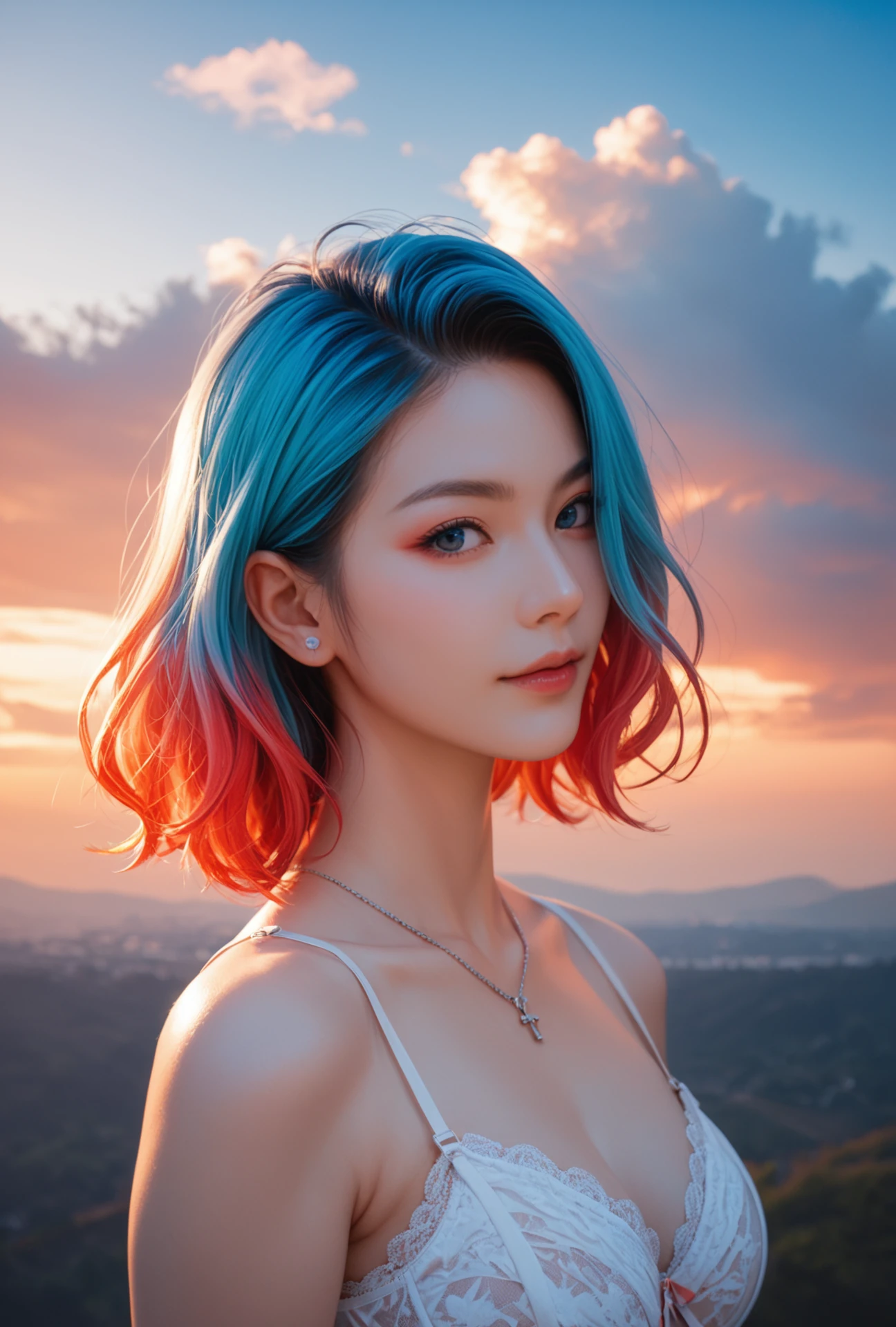 score_9, score_8_up, score_7_up, film grain, photo by fuji-proplus-ii film, raw picture of 20 years old woman in lingerie, portrait, deep blue sky, cloudy sky, outdoor, high key light, soft shadow, Fiery clouds, colored hair,