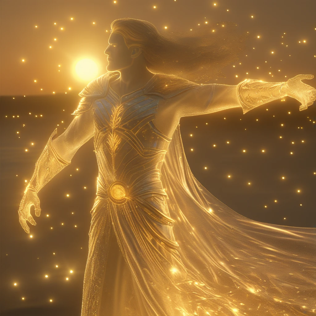 arsworldoflight, Paladin, Man, Heroic Pose, golden hour, sunset,  <lora:ArsMorph_-_World_of_Light:1.2>